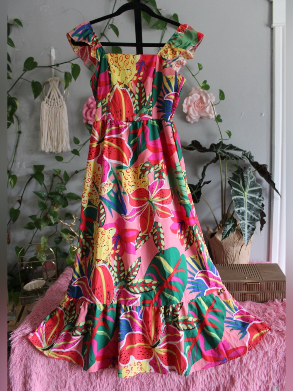 Tropical Floral Ruffle Maxi Dress – Pink Green Multicolor Summer